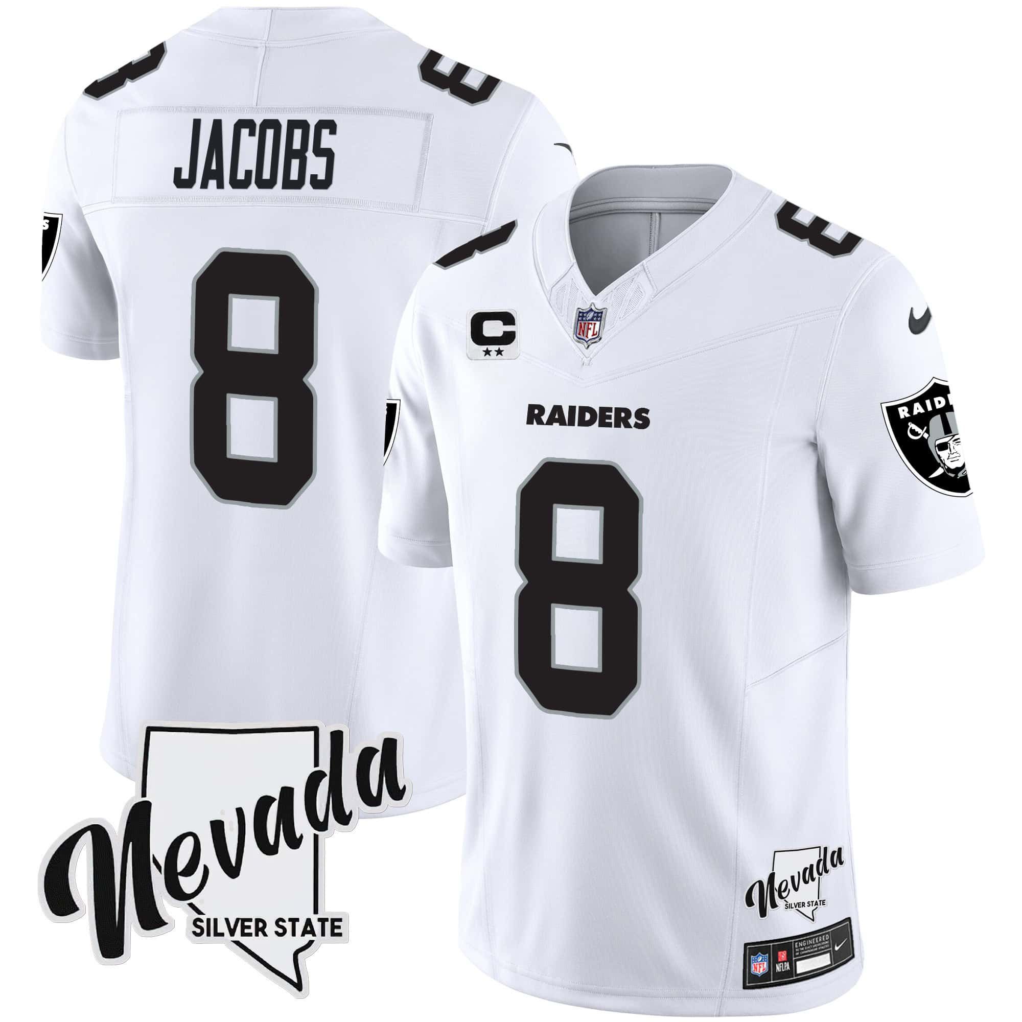 Men Oakland Raiders 8 Jacobs White 2024 Nike Nevada Silver State Patch Vapor NFL Jersey